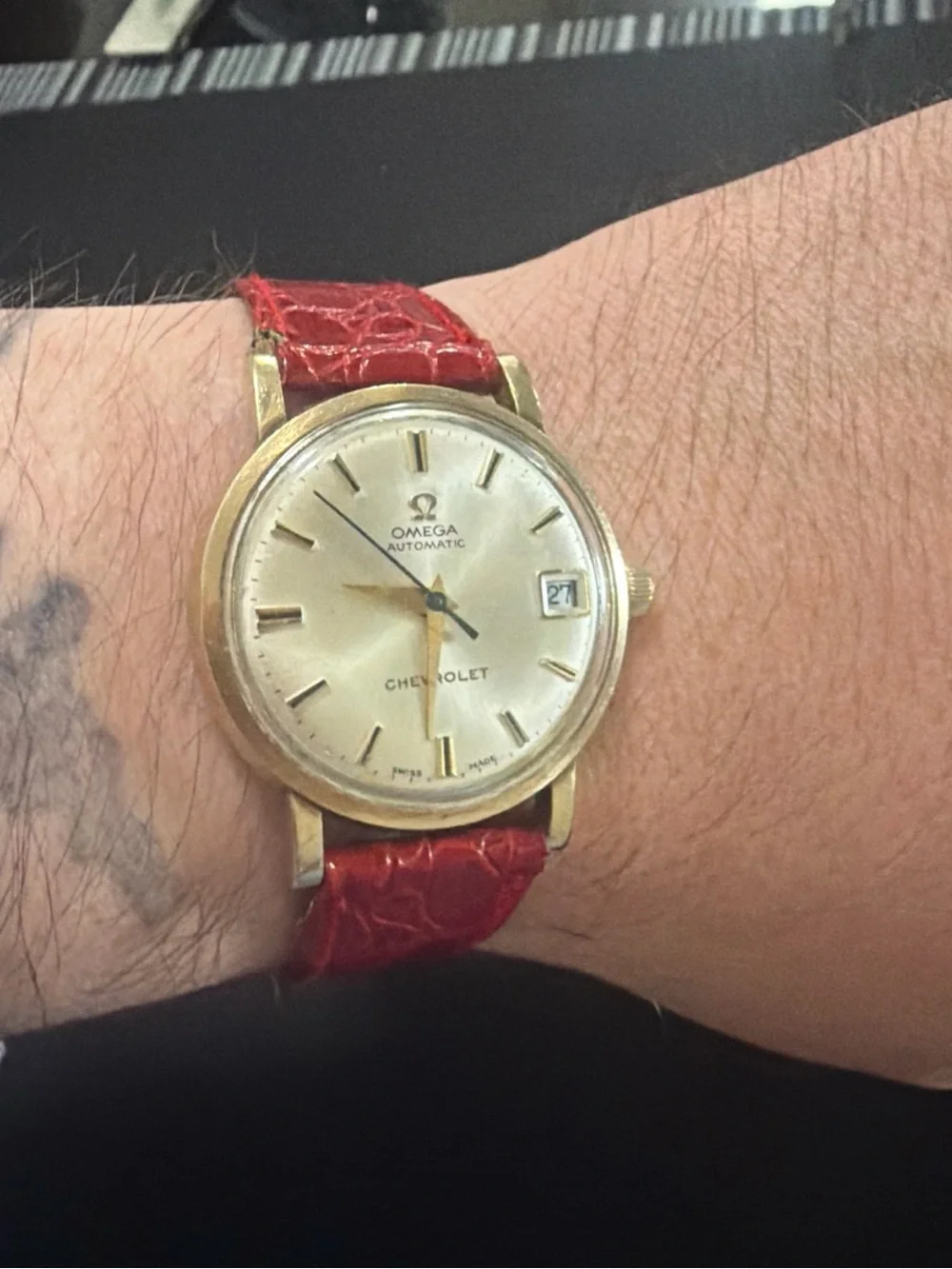 Vintage Omega Automatic Men’s Watch - Red Leather Strap and Chevrolet dial